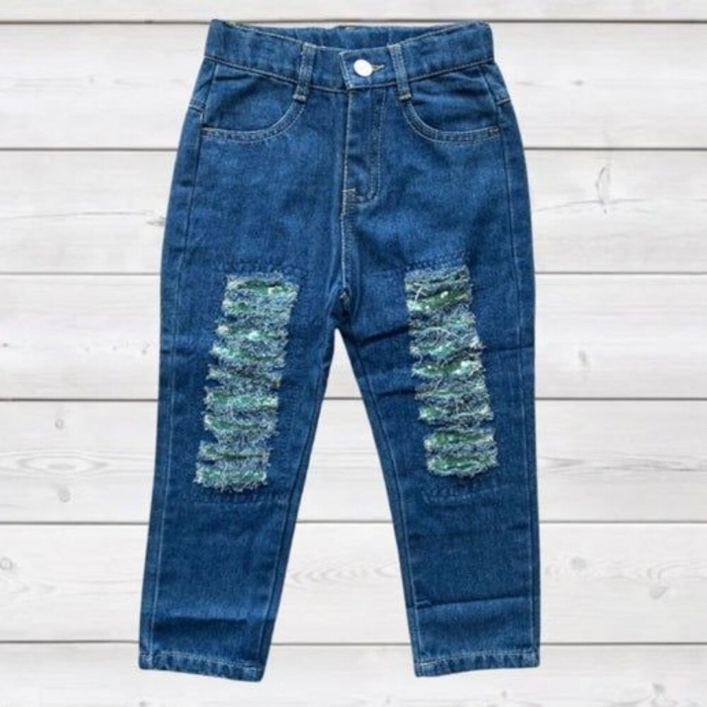 Distressed‎ Denim Toddler- Green Sequin (Adjustable Waist) 5/6